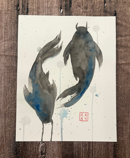 Koi Fish: Watercolor and Ink Original w/ Art of Mizuki Stamp