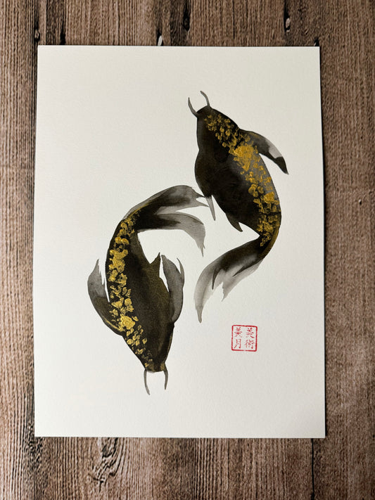 Koi Fish: Ink and Gold Acrylic Original w/ Art of Mizuki Stamp